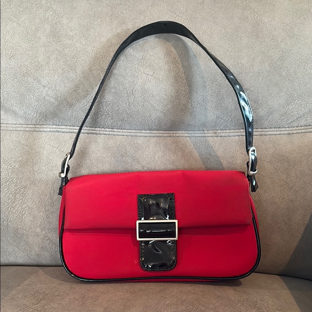 Y2k Red and Black Shoulder Bag with Silver Hardware